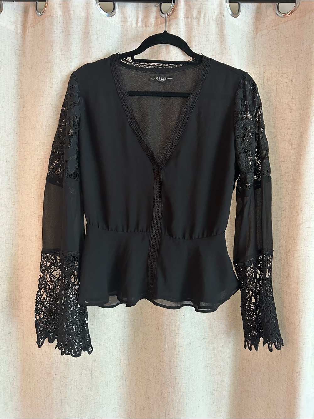 Guess Top Black Lace V-Neck Peplum Sheer Romantic Goth Boho Bell Long Sleeve Med